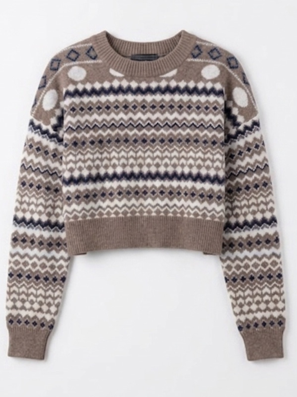 Knit Mix Cabincore Fair Isle Cropped Sweater Brown Geometric Knit Women’s Small